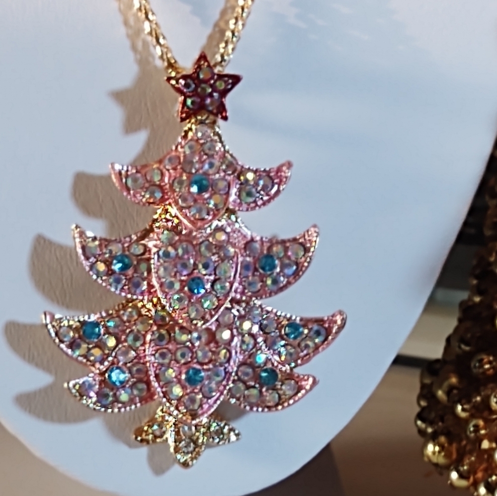 Betsey Johnson Pink and Gold Festive Tree Necklace